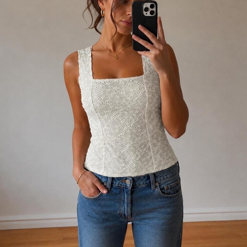 Vintage White‎ Embroidered Eyelet Tank Top Women S Coquette Fairy Old Money Y2K